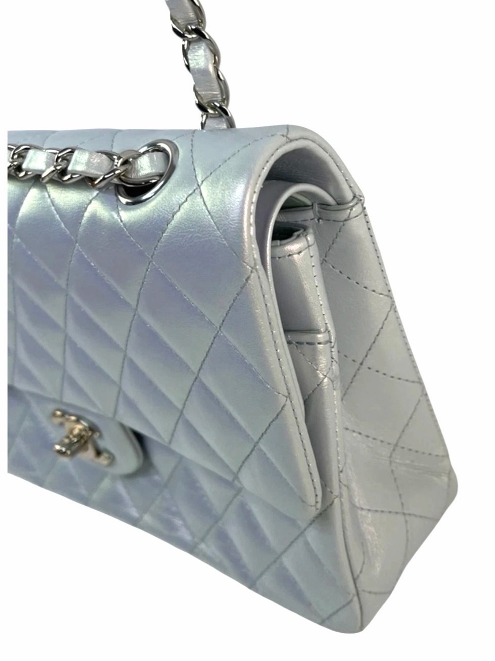CHANEL Iridescent Light Blue Classic Double Flap Medium Silver Hardware Rare - Picture 5 of 8